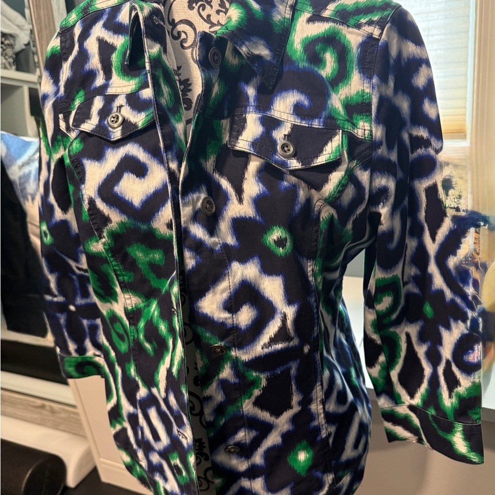 Chico's Green and Blue Patterned Jean Jacket Women’s Size 1